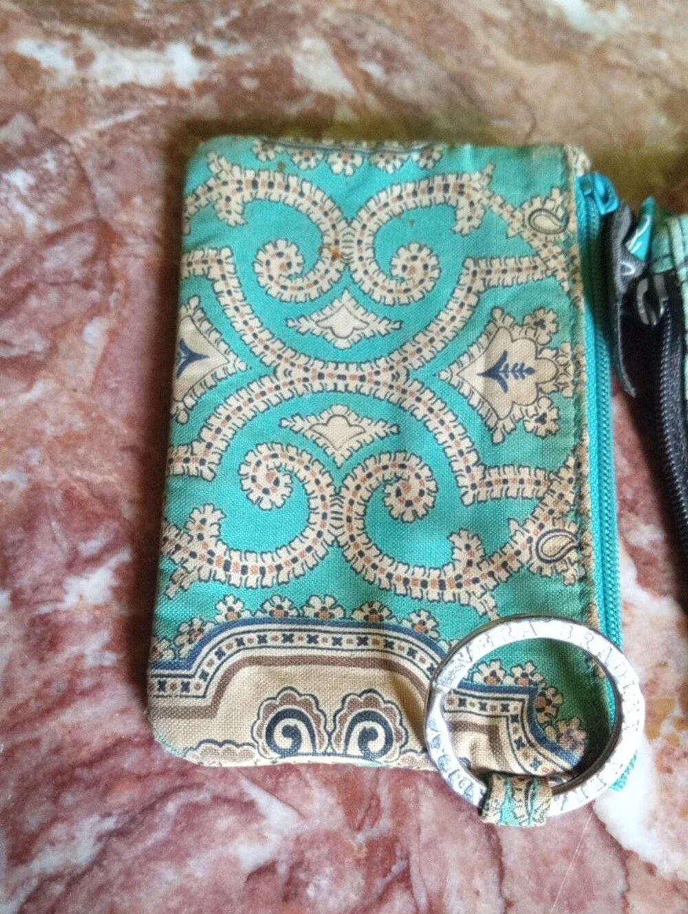 2#Vera Bradley Teal and Brown Patterned Zip Card Case with Key Ring Duo